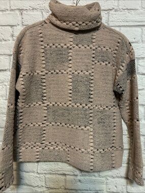 Prana Chunky Turtleneck Patchwork Sweater in Taupe/soft Pink with black accents